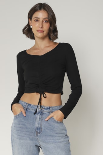 Blusa Malha Canelada Franzida Preto