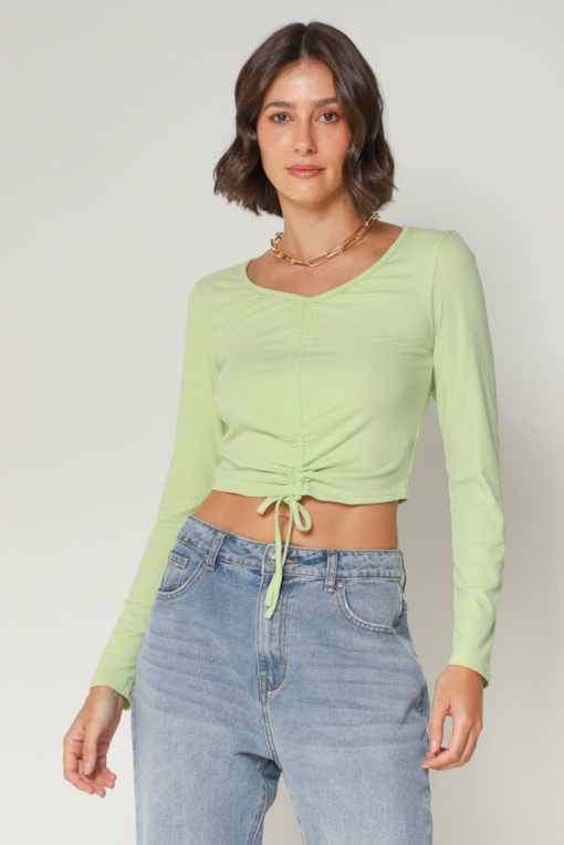 Blusa Malha Canelada Franzida Verde 