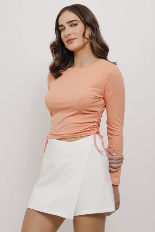 Blusa Malha Canelada Franzido Lateral   Coral