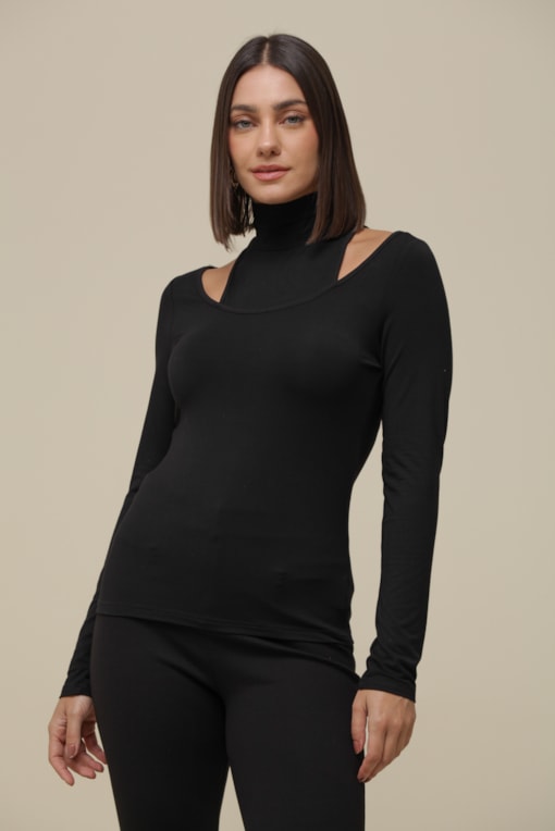 Blusa Malha Gola Alta Recortes Ombro   Preto