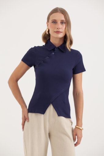 Blusa Malha Gola E Vista Diagonal Marinho 