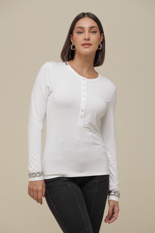 Blusa Malha Manga Longa Botões Vista   Branco