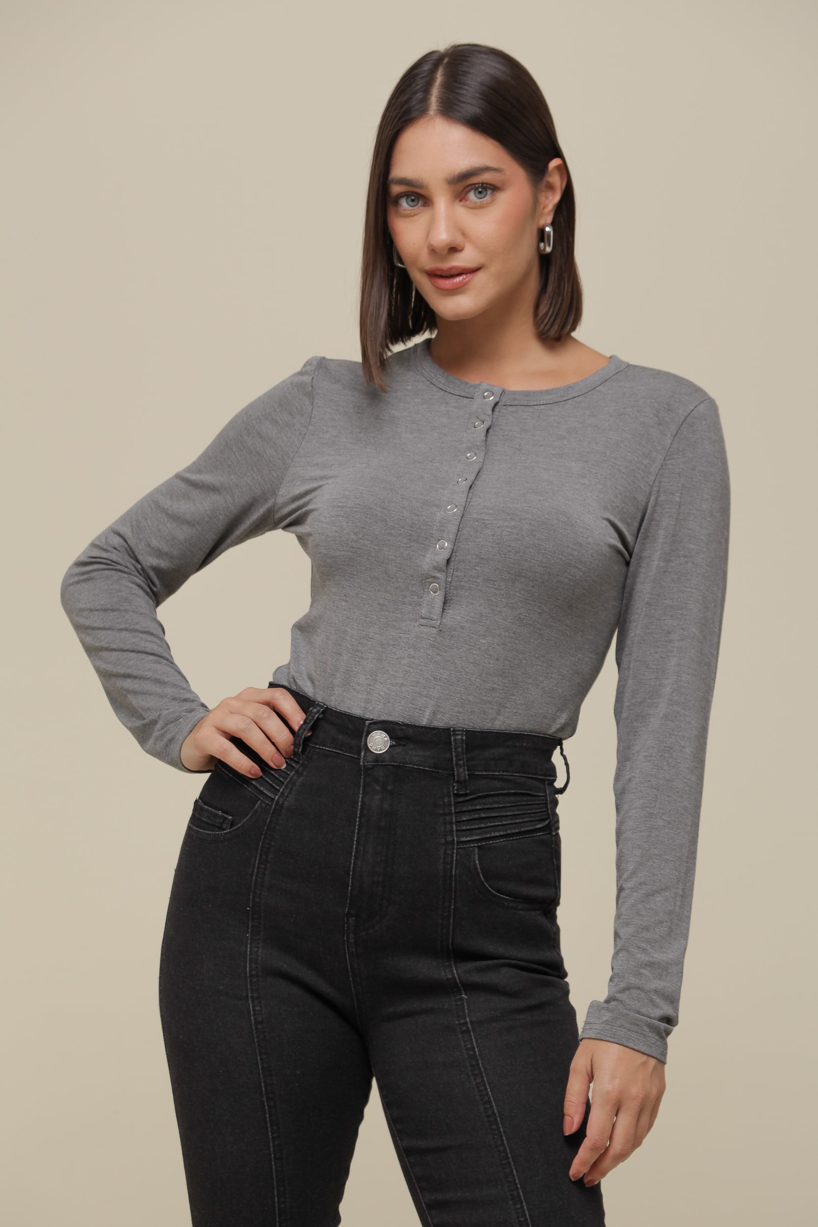 Blusa Malha Manga Longa Botões Vista   Mescla