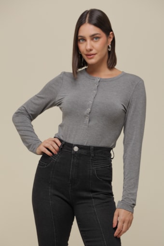 Blusa Malha Manga Longa Botões Vista   Mescla