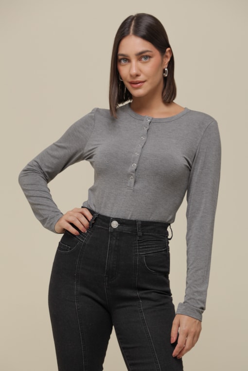 Blusa Malha Manga Longa Botões Vista   Mescla