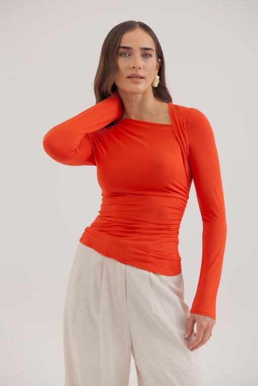 Blusa Malha Manga Longa Decote Assimétrico Laranja