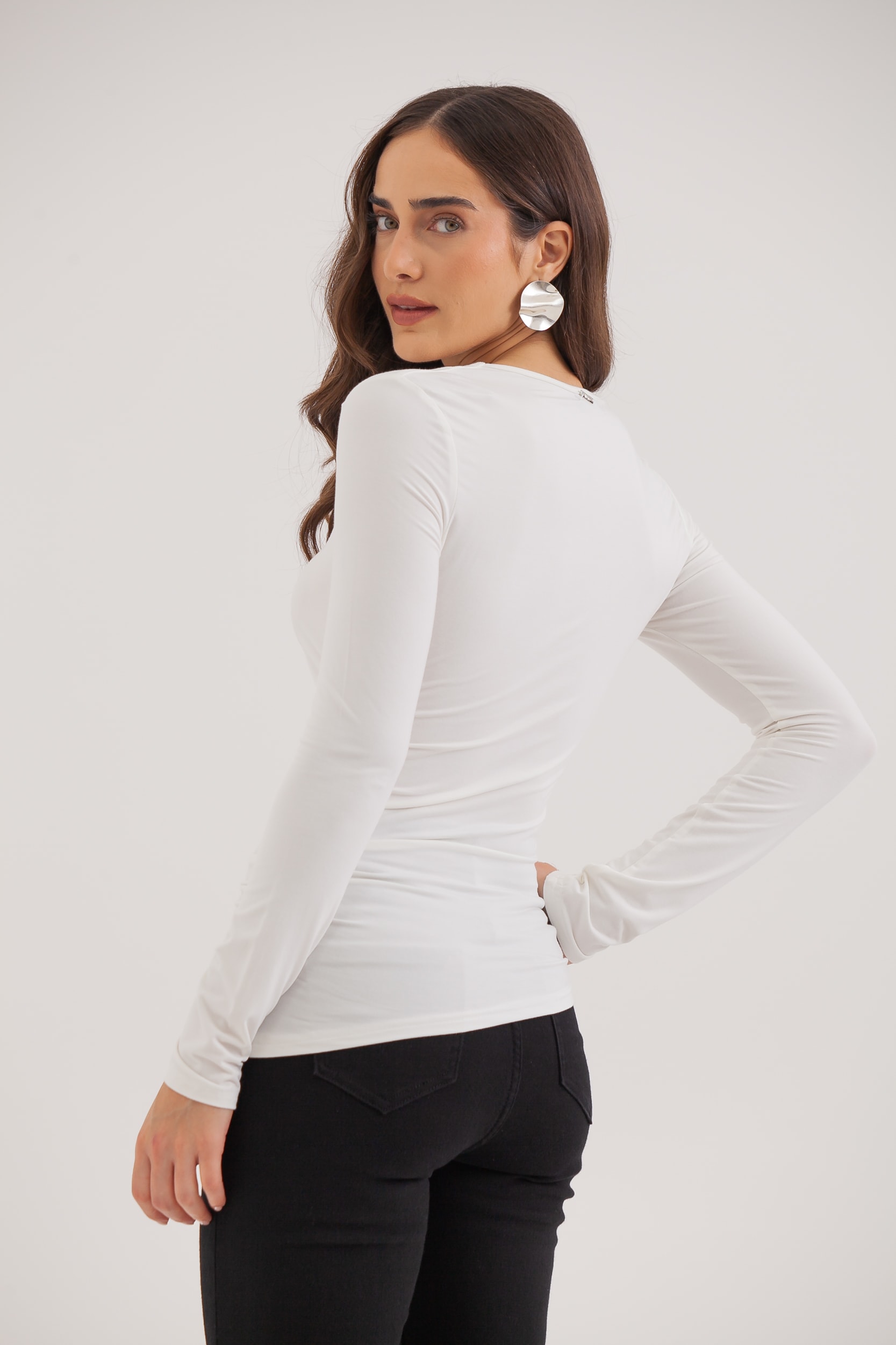Blusa Malha Manga Longa Decote Assimétrico Off-white