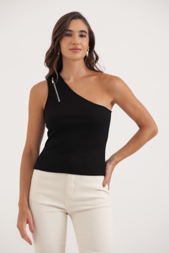 Blusa Malha Um Ombro Só Detalhe Zíper Preto