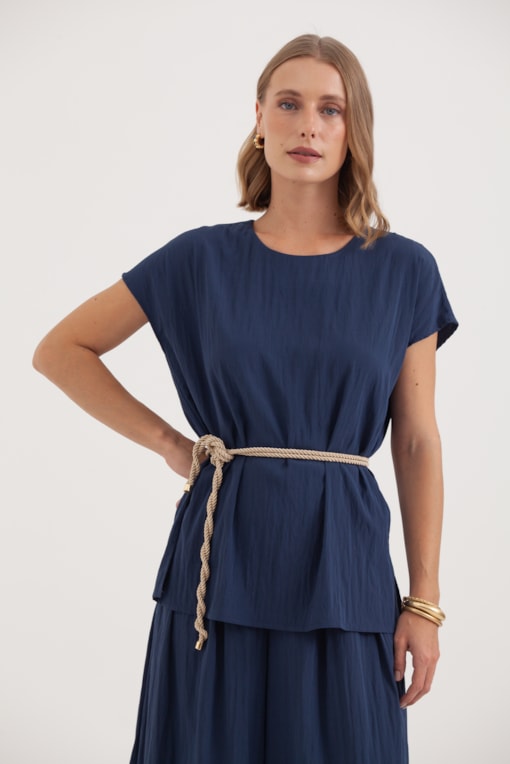 Blusa Manga Curta Fendas Laterais Marinho 