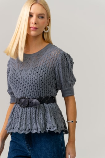Blusa Manga Curta Tricot Peplum Azul