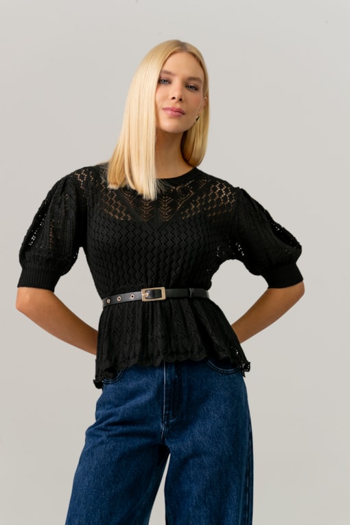 Blusa Manga Curta Tricot Peplum Preto