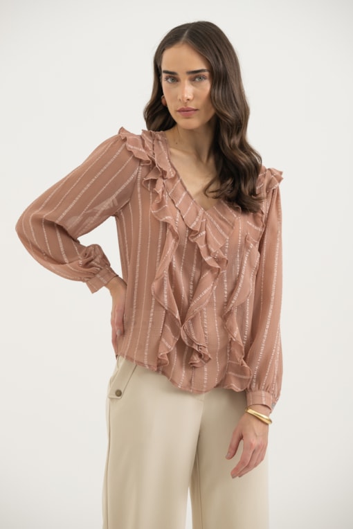Blusa Manga Longa Babados Caqui