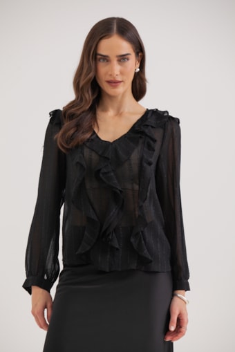 Blusa Manga Longa Babados Preto