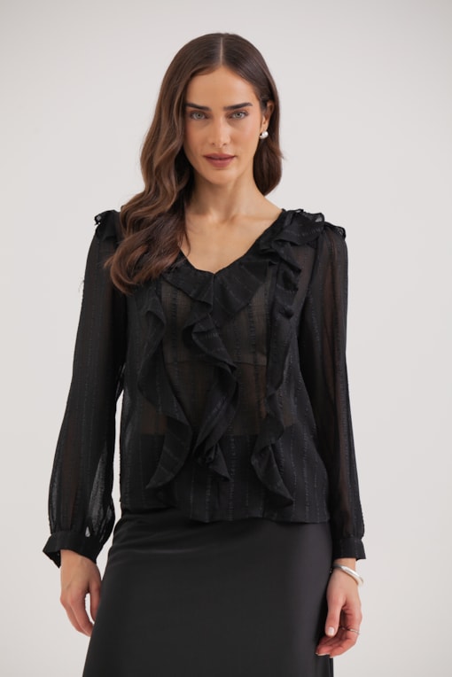 Blusa Manga Longa Babados Preto