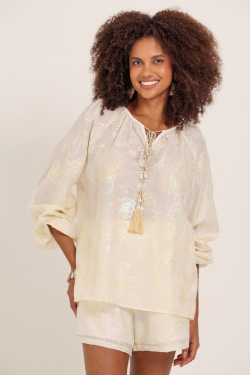 Blusa Manga Longa Bordada E Cordão Com Tassel Areia