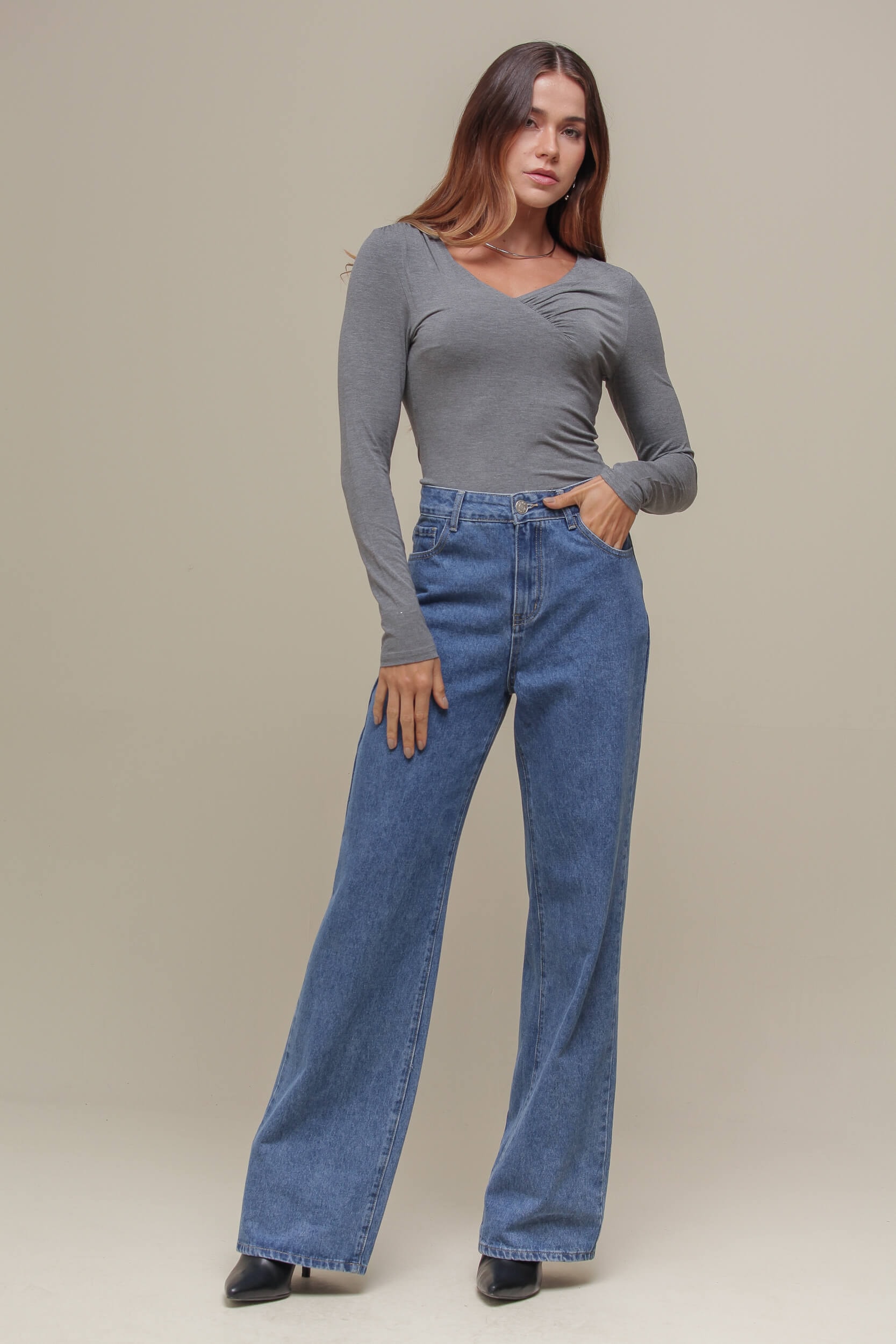 Blusa Manga Longa Detalhe Franzido Busto  Mescla