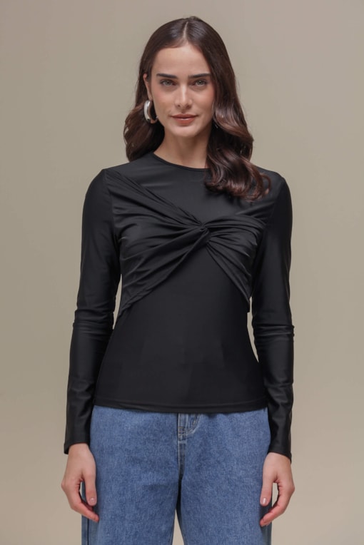 Blusa Manga Longa Detalhe Torcido Frente Preto