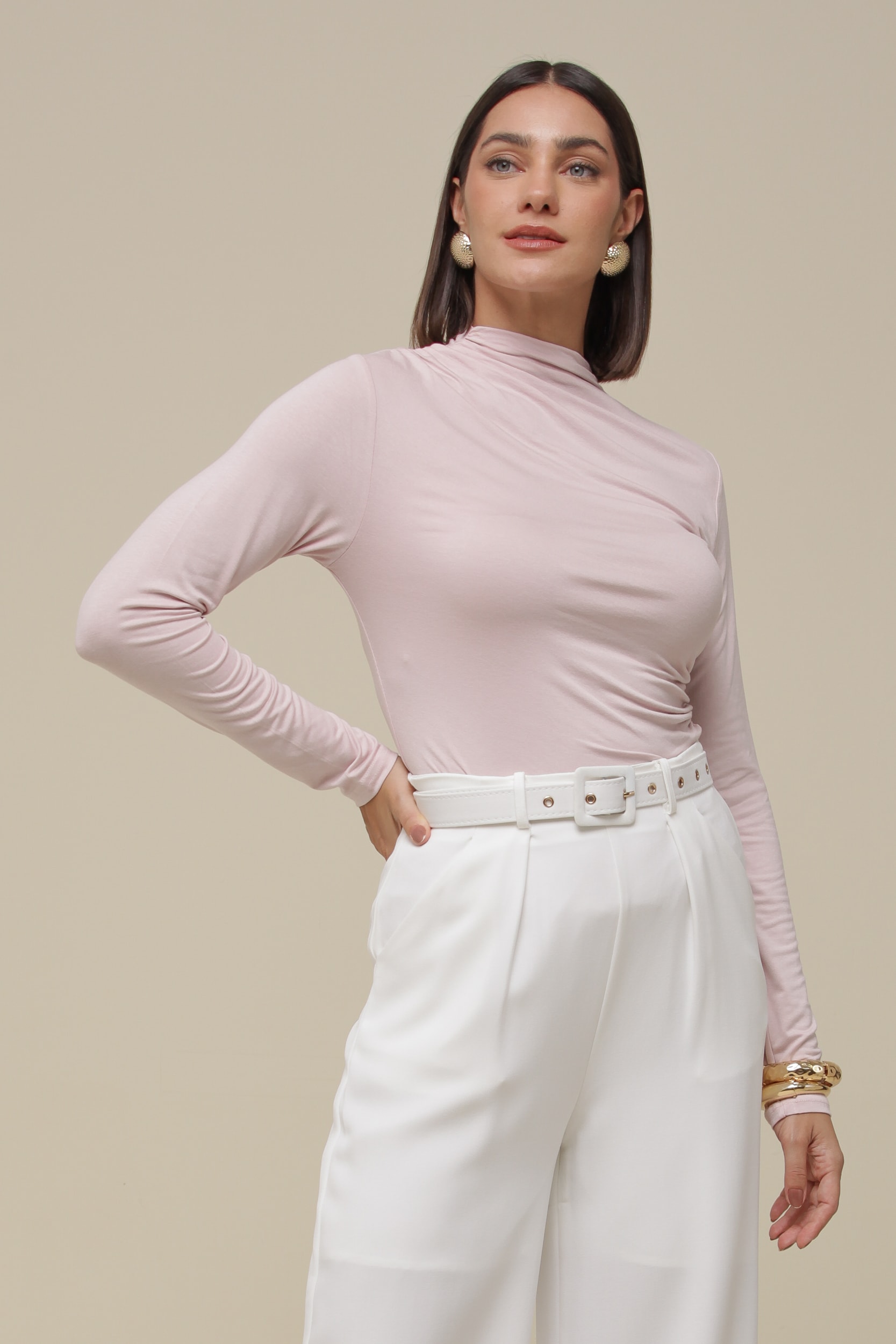 Blusa Manga Longa Malha Franzida Rosê