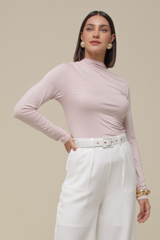 Blusa Manga Longa Malha Franzida Rosê