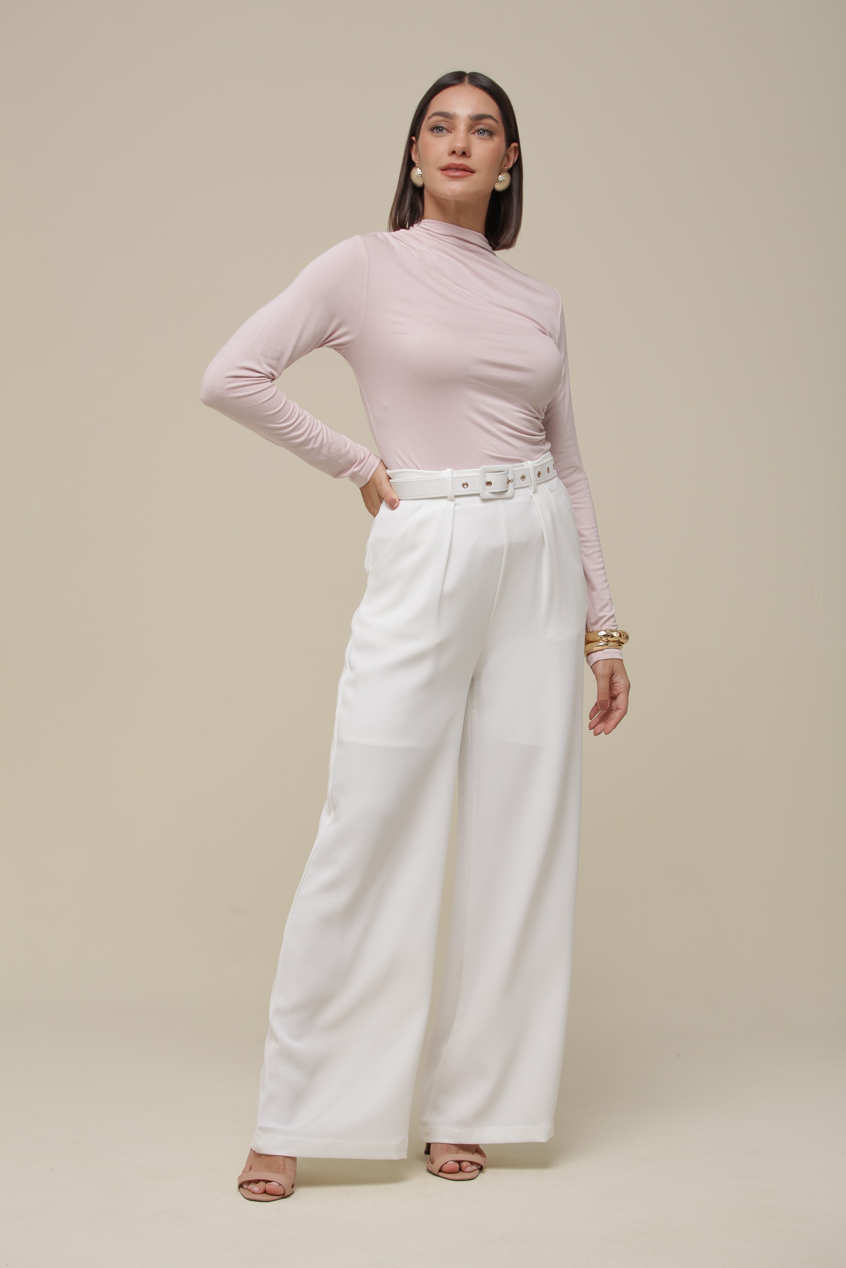Blusa Manga Longa Malha Franzida Rosê