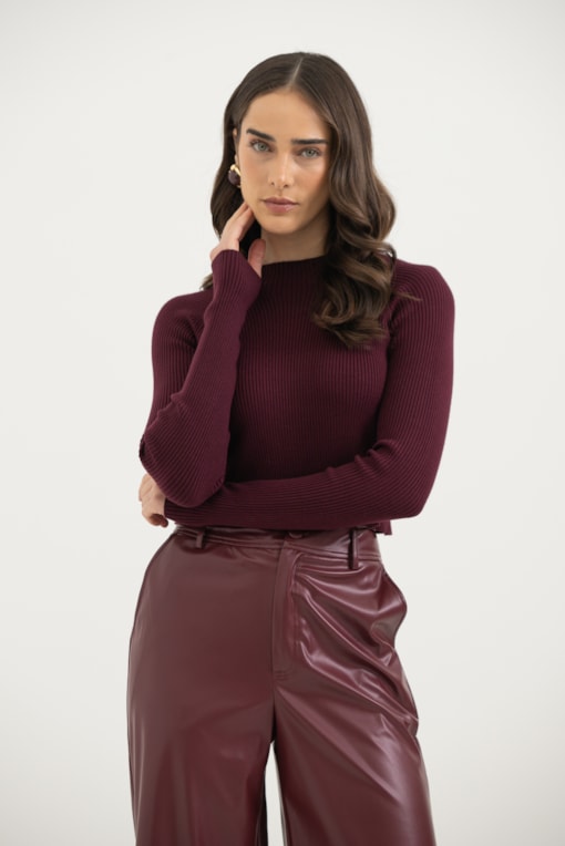 Blusa Manga Longa Tricot Abertura Central  Ameixa