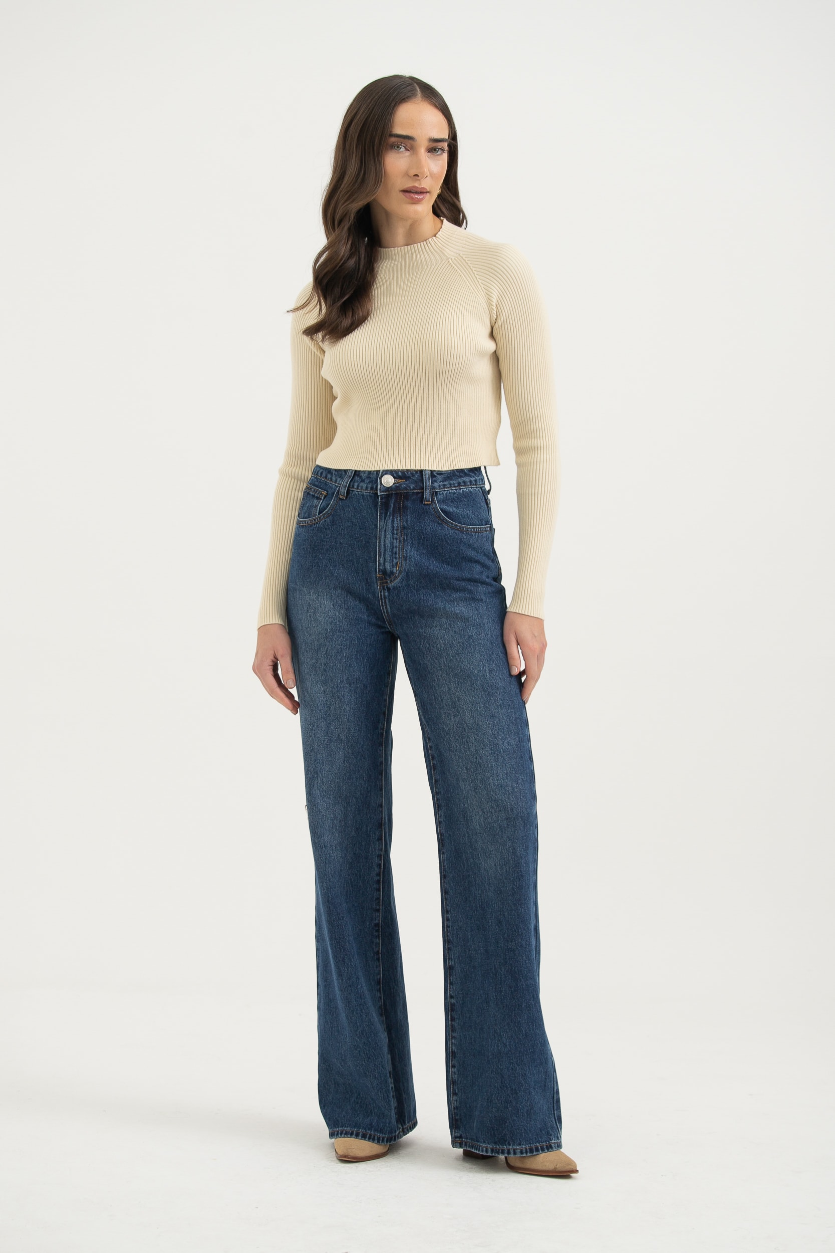 Blusa Manga Longa Tricot Abertura Central  Areia