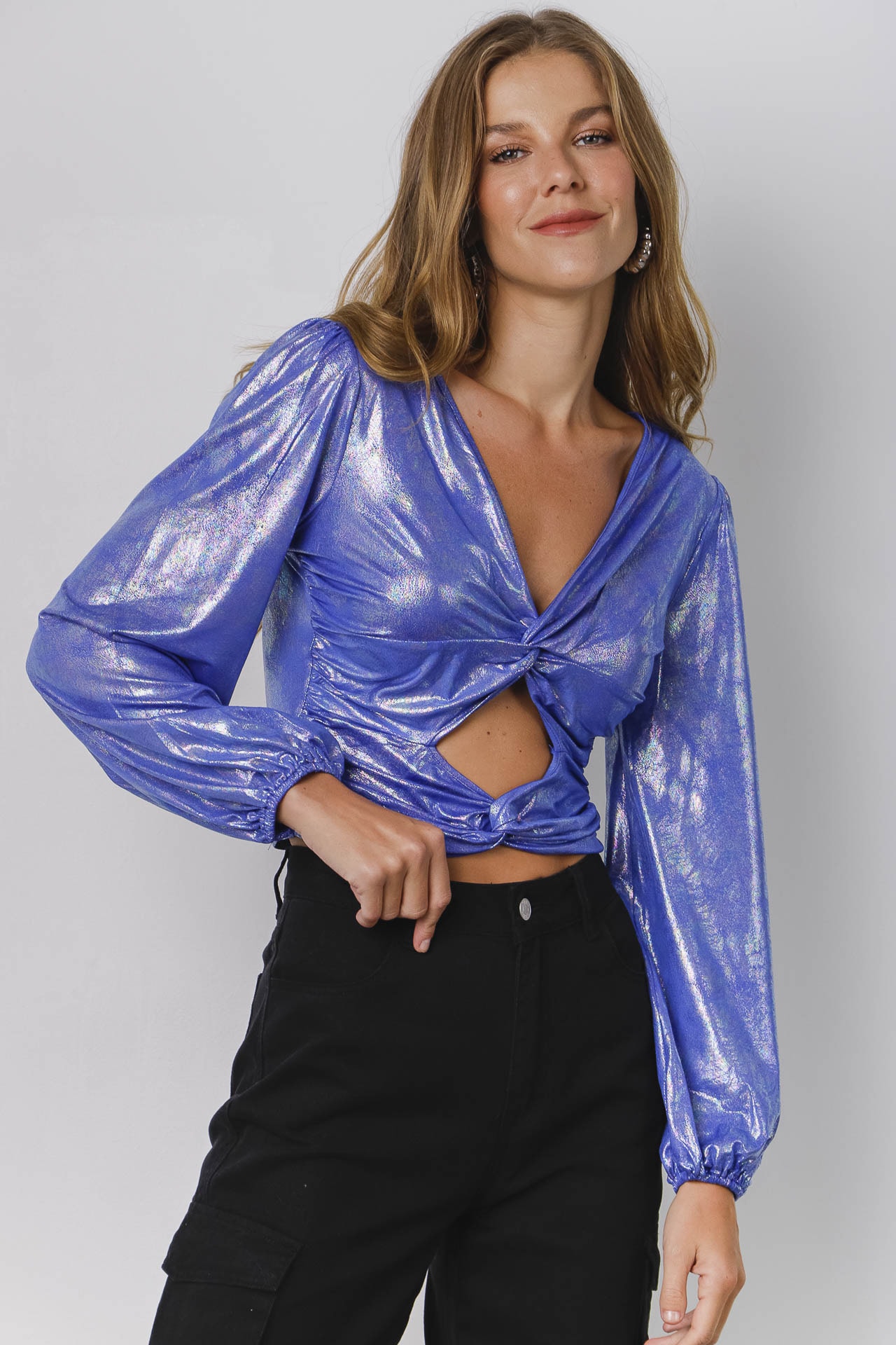 Blusa Metalizada Recortes  Azul