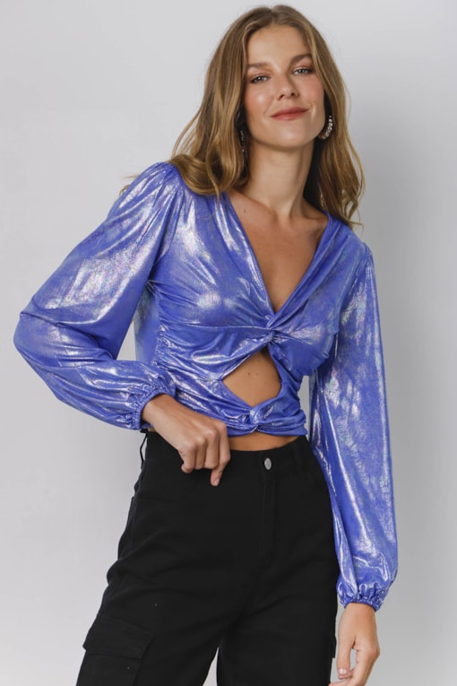Blusa Metalizada Recortes  Azul