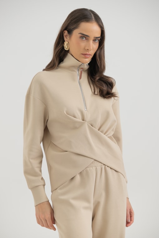 Blusa Moletom Zíper E Transpasse Areia