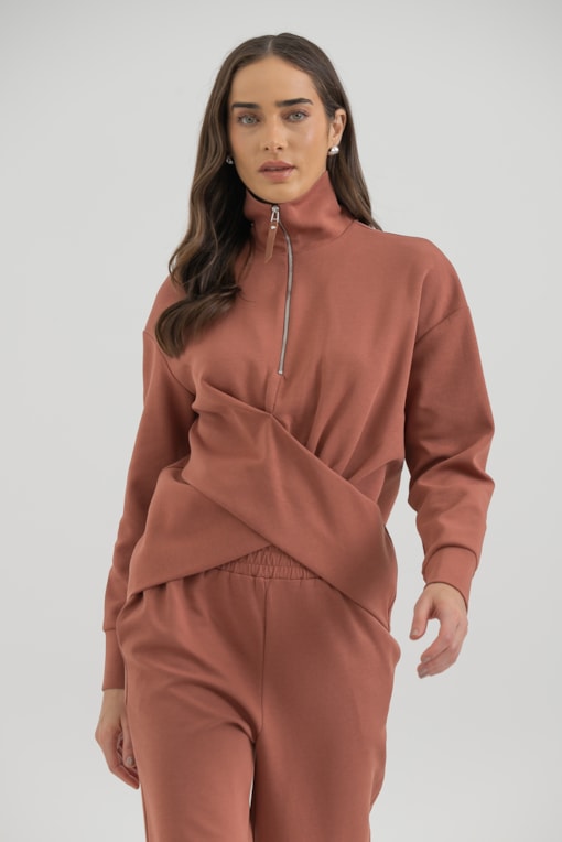 Blusa Moletom Zíper E Transpasse Ferrugem