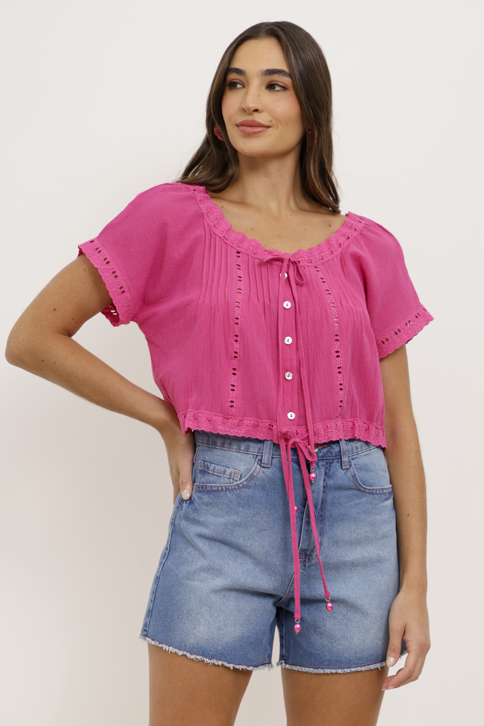 Blusa Ombro a Ombro Boho Rendinha Pink