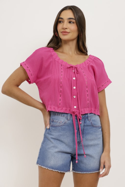 Blusa Ombro a Ombro Boho Rendinha Pink