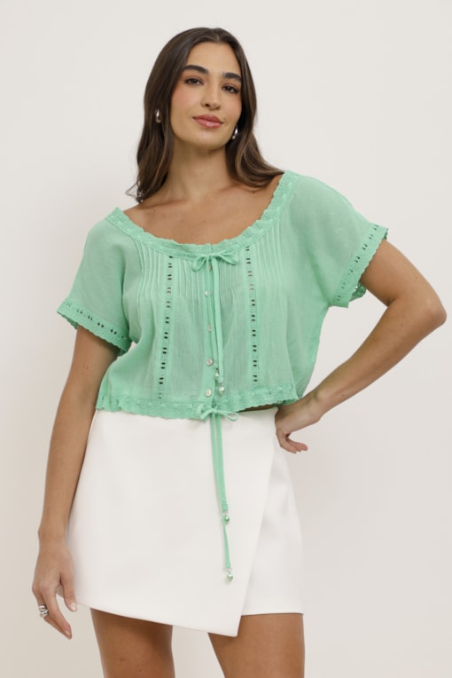 Blusa Ombro a Ombro Boho Rendinha Verde 