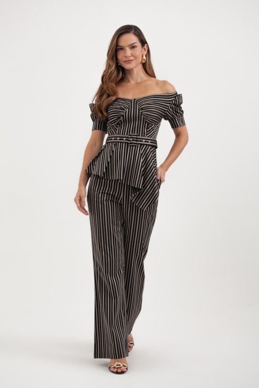 Blusa Ombro A Ombro Com Cinto Risca De Giz Preto