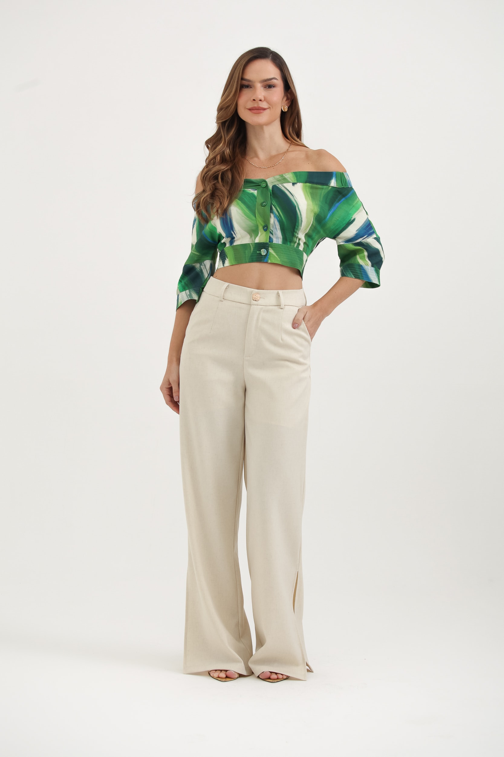Blusa Ombro A Ombro Estampa Brisa Verde 