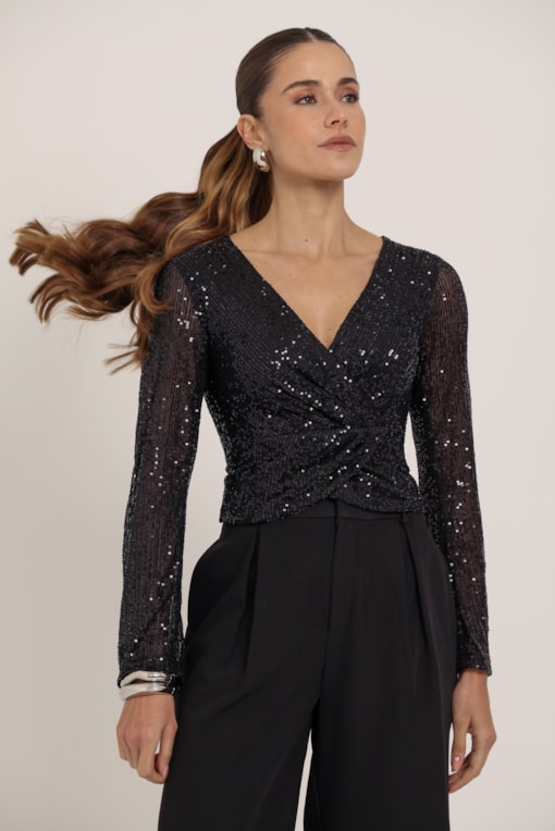 Blusa Paetê Manga Longa Preto