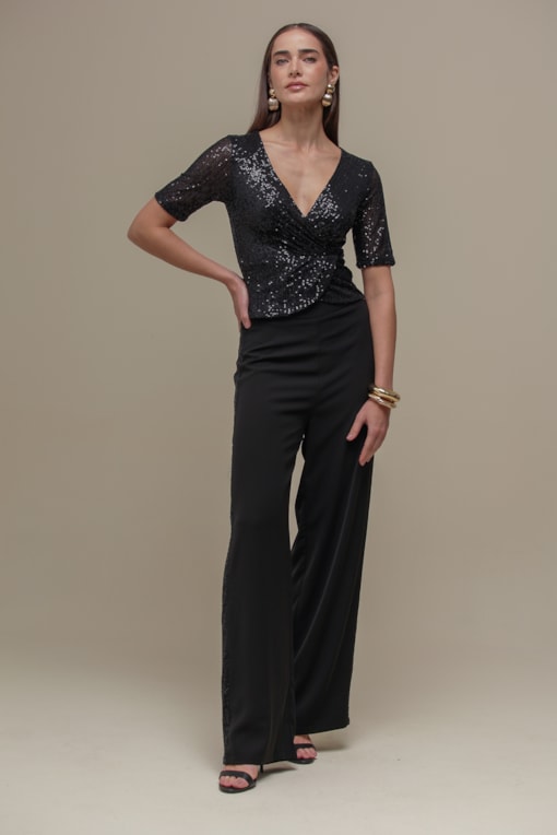 Blusa Paetê Transpassada  Preto
