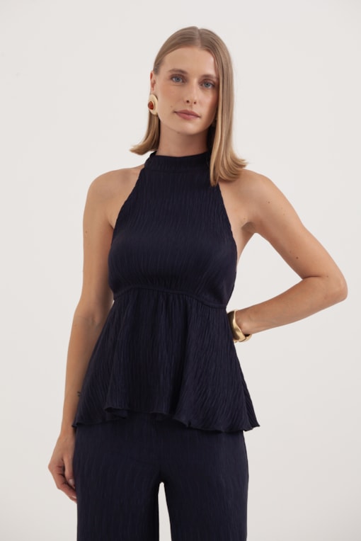 Blusa Peplum Cava Americana Anarruga Marinho 