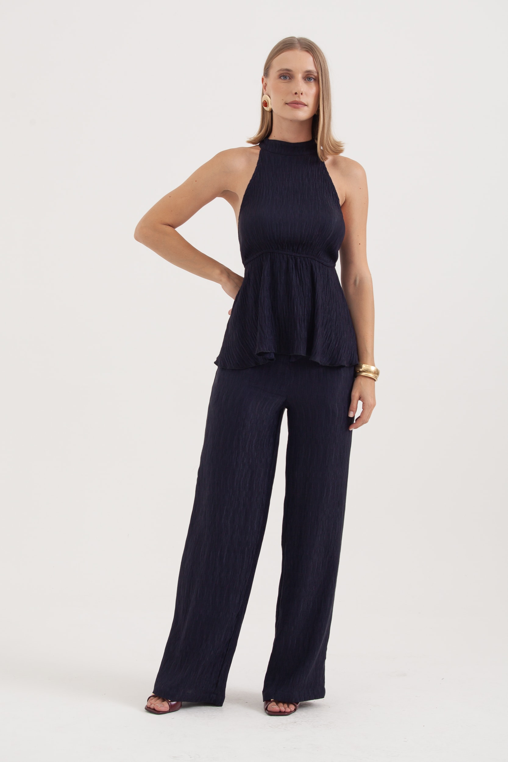Blusa Peplum Cava Americana Anarruga Marinho 