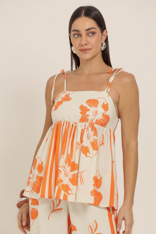 Blusa Peplum Estampada Caminhos Florais Laranja