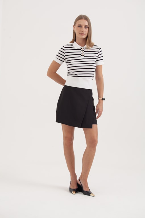 Blusa Polo Listrada Malha Off-white