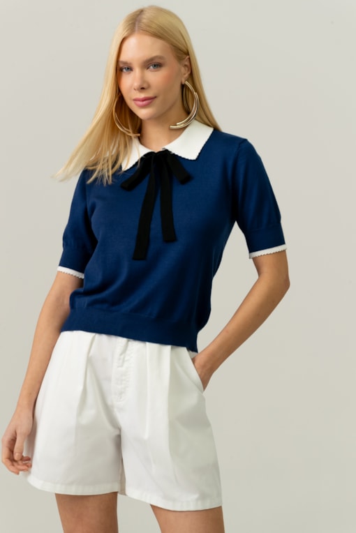 Blusa Polo Tricot Com Laço Marinho