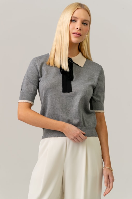 Blusa Polo Tricot Com Laço Mescla