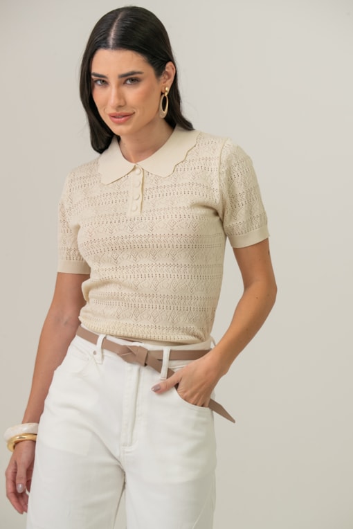 Blusa Polo Tricot Ponto Desenhado Areia