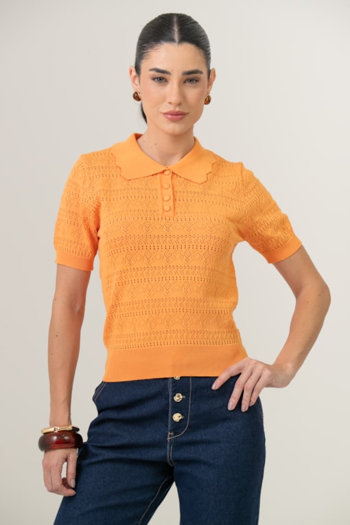 Blusa Polo Tricot Ponto Desenhado Laranja