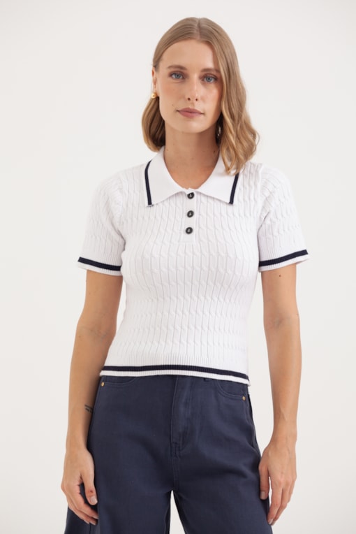 Blusa Polo Tricot Ponto Trançado E Listra Off-white