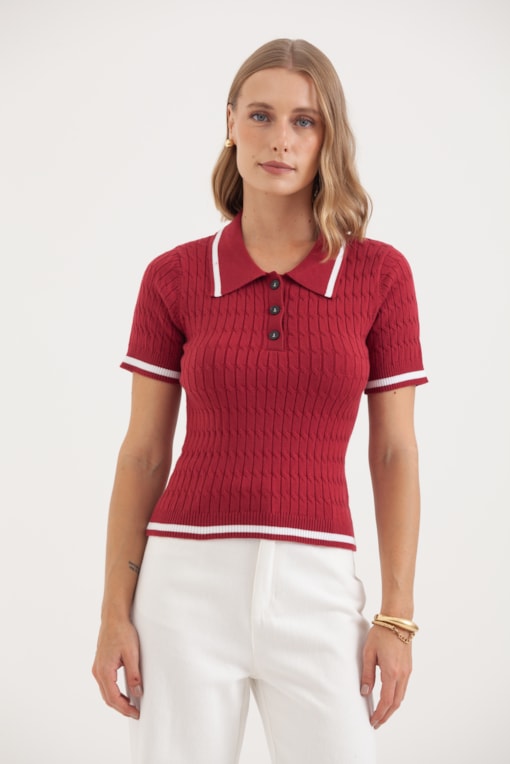 Blusa Polo Tricot Ponto Trançado E Listra Vinho