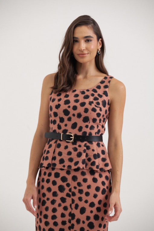Blusa Regata Acinturada Estampa Animal Brush Marrom