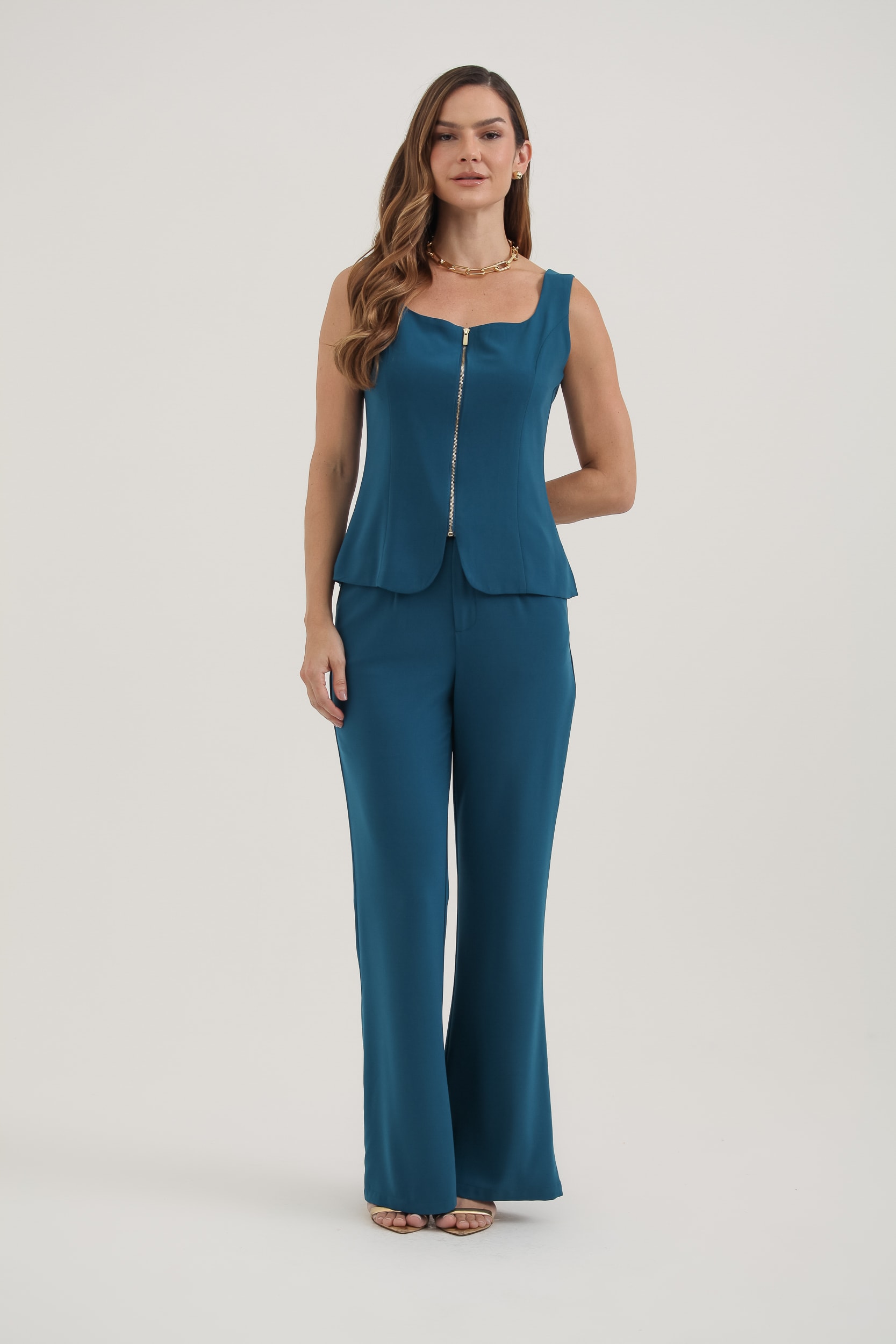 Blusa Regata Alfaiataria Zíper Azul