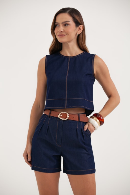 Blusa Regata Chambray Botões Traseiros Jeans